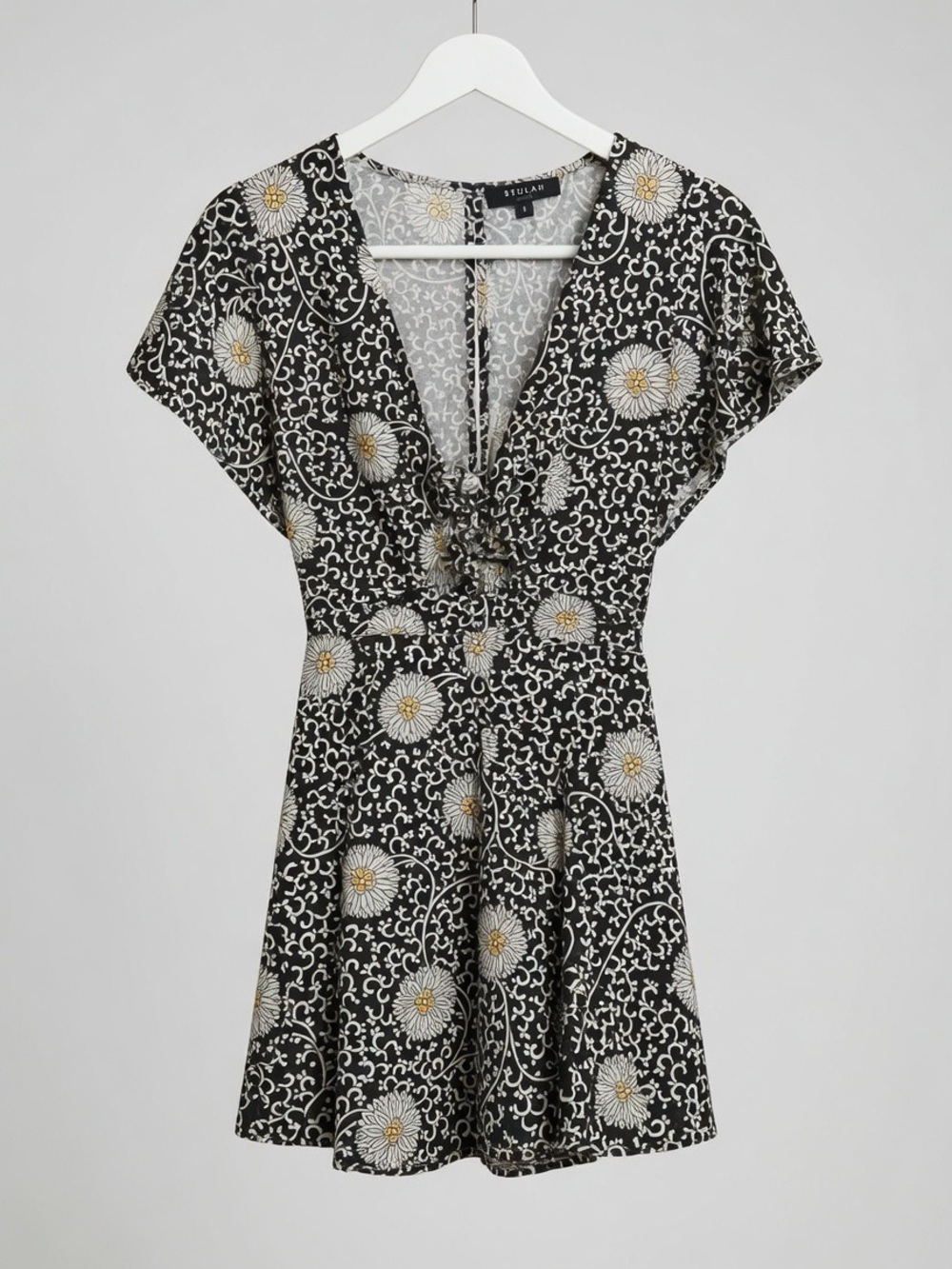 Beulah Black Floral Tie-Front Mini Dress with White and Gold Daisy Print
